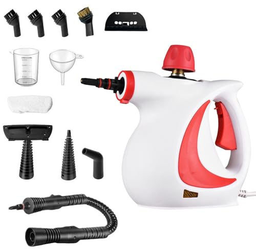 Nettoyeur vapeur portatif, version améliorée 2025, nettoyeur mobile haute pression 1050 W, 3 bars pour sols, fenêtres, carrelage et meubles, avec 12 accessoires(Pink)