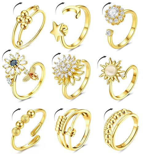 Kakonia Anillo Antiestres Mujer Plata Oro Anillo Ansiedad Para Mujeres Anillo Giratorio Antiestrés Piedra Lunar Anillos Abiertos Ajustables con CZ Spinner Anxiety Ring con Ansiedad-G