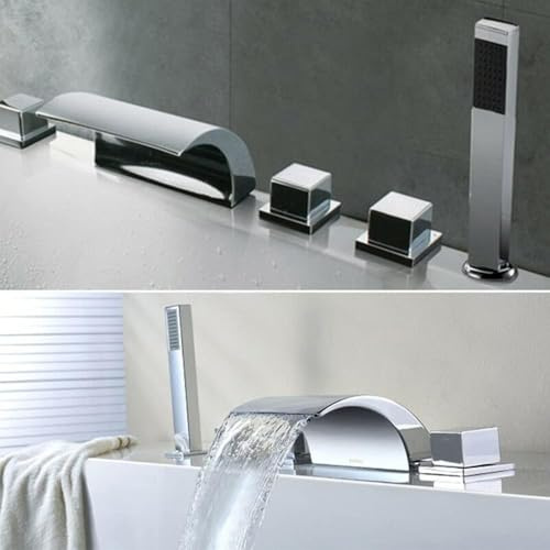 MIIWWOWO Badewannenarmatur 5 Loch Set -Badarmatur mit Handbrause Wasserfall Badewanne 1/2 Wasserhahn Chrom Messing Armatur Badewanne- & Duschsysteme Duscharmatur für Bad Badezimmer