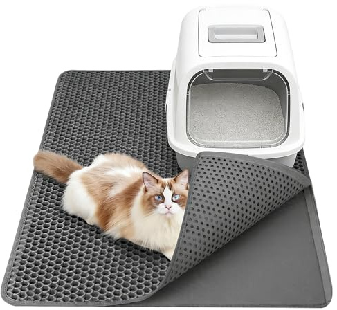 Katzenstreu Matte XXL, Katzenklo Matte Doppelte Schichte Katzenstreumatte 90x60 cm EVA Katzenmatte mit Klettverschluss Waben Grau Katzenklo Unterlage