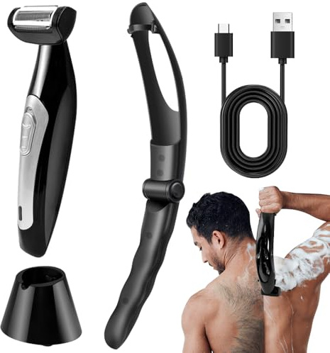 Rasoir dos Homme, HOVCEH Ergonomique Tondeuse dos Homme avec Manche Allongé, Multifonctionnel Rasoir Corps électrique Utilisation à sec ou Humide pour Toutes les Parties du Corps