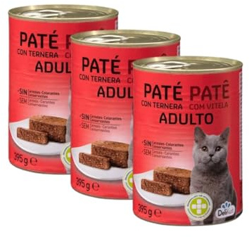 Paté con Ternera para Gatos Adultos, sin Cereales ni Conservantes, Alimento Húmedo Completo, Pack 3 x 395 g DeliKuit