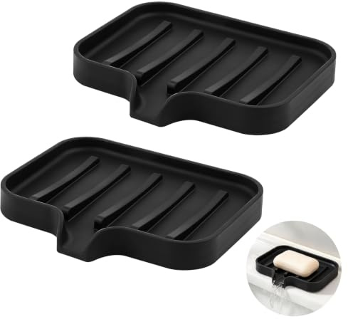 Gurwen 2 Pièces Silicone Porte Savon Salle de Bain avec Évacuation, Noir
