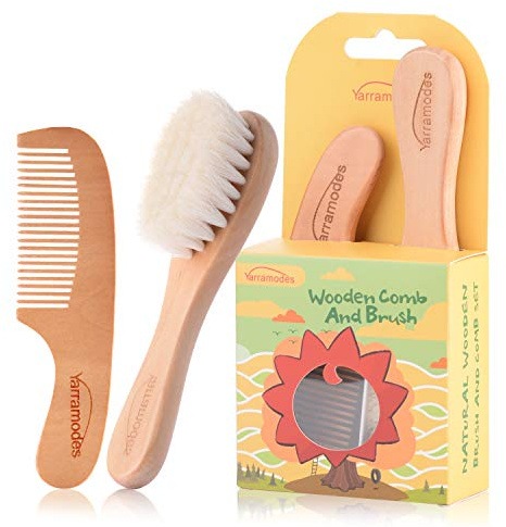 Baby Goat Hair Brush and Comb Set for Newborns & Toddlers Eco-Friendly Safe Brush for Cradle Cap Natural Wooden Comb Perfect Baby Shower and Registry Gift (Baby Hair Brush and Comb Set)