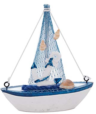 VOSAREA Holz Segelboot Deko: Holz Segelschiff Modell Deko - Maritime Dekoration Boot mit Fischernetz und Muschel Strand - Kleines Nautische Segelboot Wohnkultur Dekoration