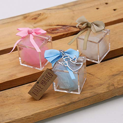 Bomboniere Battesimo Comunione Angelo Stilizzato con Portachiave Scatolina Plexiglass KIT 10 PZ Rosa