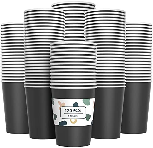YANGTE 120Pcs Black Paper Cups 9oz Disposable Party Cups Biodegradable and Compostable Drinking Cups for Birthday Party, DIY, BBQ - 250ml