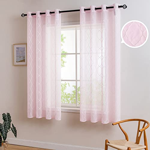 MIULEE Gardinen Kurz Marokko Vorhang mit Ösen 2er Set Rosa 140x145cm | Voile Transparente Optik Vorhänge Sheer Ösenschal Wohnzimmer Fensterschal Luftig Lichtdurchlässig Dekoschal für Schlafzimmer