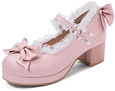KISSASA Womens Cute Platform Shoes Chunky Mary Jane Heels Bow Court Shoes Size 6UK,Pink
