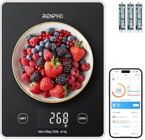 RENPHO Digital Kitchen Scale, Smart Food Weight Scale with Nutritional Calculator, Gram Scale for Weight Loss Cooking Baking Keto Macro Diet, Black Glass, 22lb/10kg