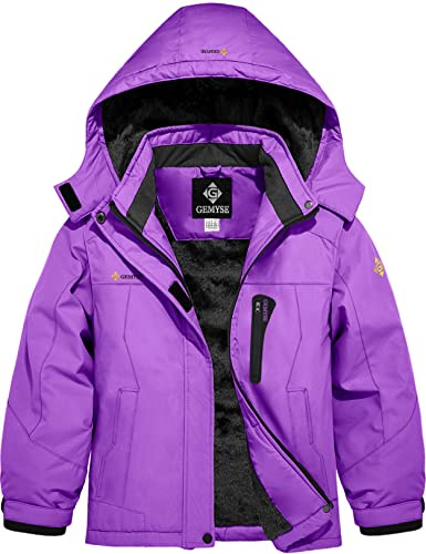 GEMYSE Girl's Waterproof Ski Snow Jacket Hooded Fleece Lined Windproof Winter Jacket (Purple,10/12)