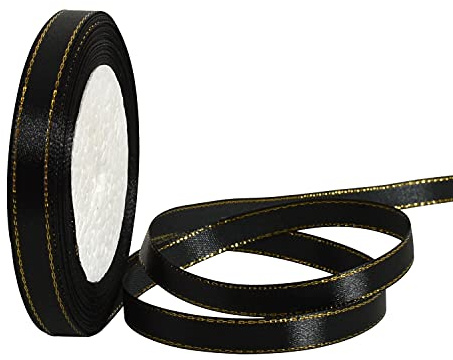 TONIFUL 1cm X 23m schwarz Satinband mit goldfarbenen Rändern, Stoffbänder geschenkband für Geschenkverpackungen, Hochzeit, Geburtstag, Party, Dekoration, Basteln, Schleifen, Weihnachten, Basteln