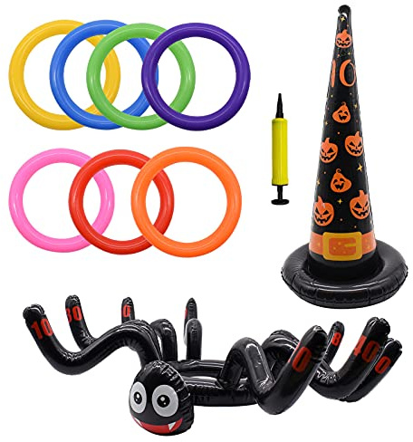 TRIXES Set Gioco Lancio dell'Anello Gonfiabile per Halloween - Ragno Gonfiabile e Cappello da Strega - Pompa ad Aria Inclusa