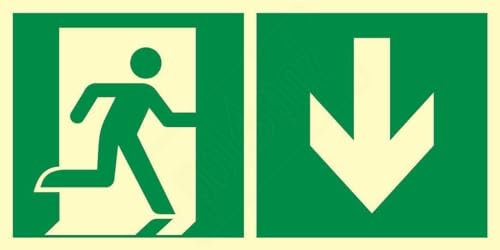 notlok Safety Work - Notausgangsschild Nachleuchtend Selbstklebend [ 15x30 cm ] aus PVC - gemäß ASR A1.3 DIN 7010 DIN 67510 | Fluchtwegschilder Nachleuchtend | Notausgangsschild Pfeil nach unten