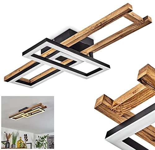 HOFSTEIN LED Deckenleuchte Ayajasco, moderne Deckenlampe aus Metall/Holz in Schwarz/Natur/Weiß, Leuchte im skandinavischen Design mit Holzrahmen, 850 Lumen, 3000 Kelvin, 20 Watt, Esszimmer, Küche