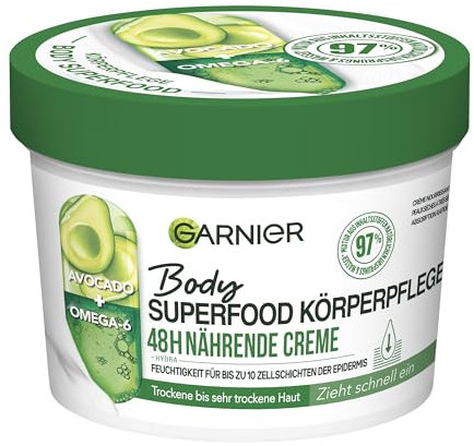 Garnier Nährende Körperpflege für trockene Haut, Body Butter mit Avocado und Omega 6, Für bis zu 48 Stunden Feuchtigkeit, Body Superfood, 1 x 380 ml