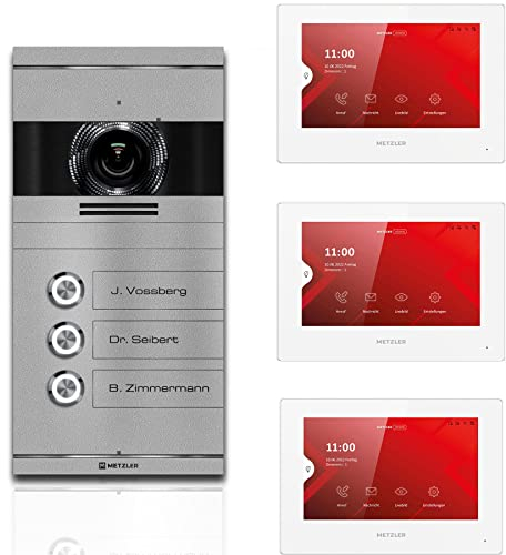 Metzler Video Türsprechanlage 3 Familienhaus | Türklingel mit Kamera FullHD | Opt. 7 Monitor | Smartphone App | Mit Anschluss für Türöffner | Anschluss: LAN POE | Graualuminium | VDM10 2.0 Colson