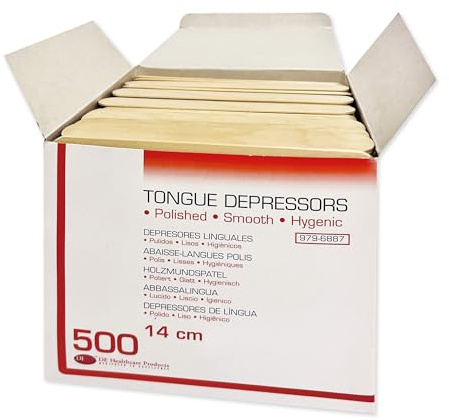 DE Healthcare Products – 500 Stück Mundspatel (14 cm x 1,6 cm), unsteril, Holzspatel für Kinder, vielseitig verwendbar, Holz, braun