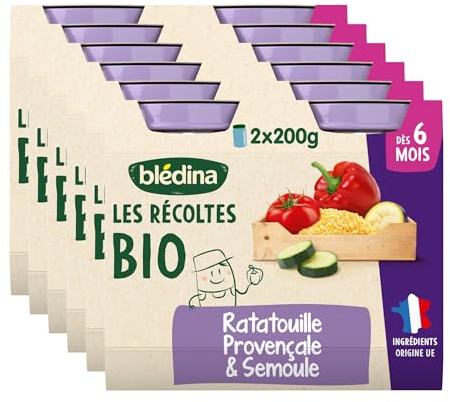 Blédina - Les Récoltes Bio - Ratatouille Provencale et Semoule - Recette BIO et simple - Dès 6 mois - 12 Pots de 200g