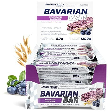 Energybody® Bavarian Bar Haferriegel Heidelbeere 24x50g / Energieriegel als Oatsnack/Powerriegel Flapjack als Sportnahrung/Haferflocken Riegel, Kohlenhydrate Riegel als Sportlernahrung