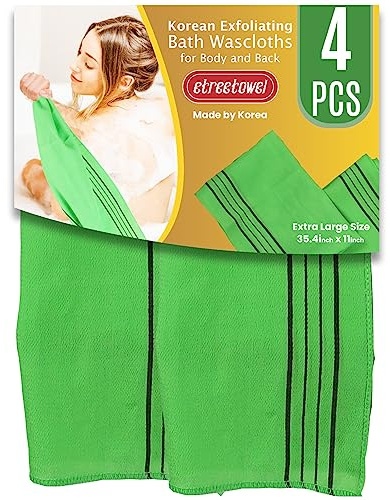 etreetowel Extra große Größe 89,9 x 27,9 cm (4 Stück) koreanisch-asiatische Peeling-Bad-Waschlappen, Handschuh, Peeling, für Körper und Rücken, Waschlappen, Viskose, Viskose, Handtuch für weiche Haut