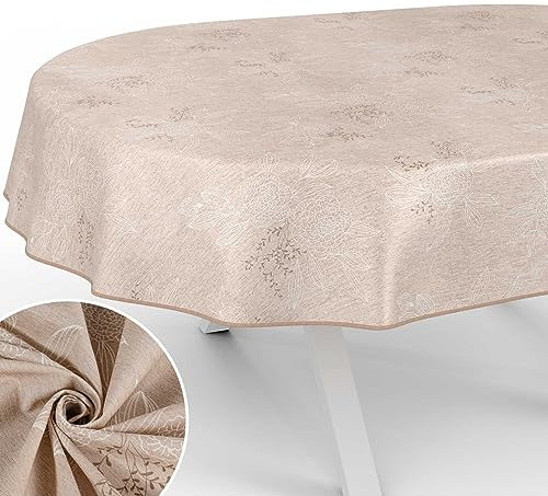Stoff Tischdecke Tischwäsche Textil Tischtuch Baumwolle Polyester Gewebe abwaschbar pflegeleicht, in rund oval eckig Japondi Beige Oval 180x140cm mit Saum (Eingefasst)