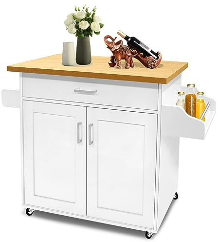 SUBTLETY 115x36x90cm Bewegliche Kücheninseln MDF Arbeitsplatte Küchenwagen mit Rollen, Schublade, Ablage, Handtuchhalter & Gewürzboard Rollwagen Belastbarkeit bis 50KG Esswagen für Party (Weiß)