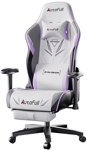 AutoFull C3 Gaming Stuhl, Ergonomisch Gaming-Stuhl mit Lordosenstütze, Höhenverstellbar & Neigungsfunktion, Gaming Stühle mit Fußstütze, Rennsitzdesign PU Leder, Weiß (Verbreitern Sitzkissen)