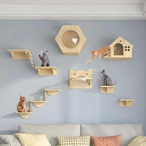 Kletterwand Katzen, Katzenkletterwand -Set, Inklusive Katzenhaus, Katzenkratzbaum, Katzenleiter, Wand-Katzenbett, Sprungplattform, DIY-freie Kombination (Size : B4-13PCS)