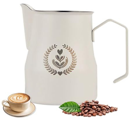 YCKEGEW Caraffa per Latte da 12 Oz 15 Oz Brocca per Schiuma di Latte in Acciaio Inox Brocca per Latte Espresso per Fare Cappuccino Latte Barista Art, Manico Confortevole (Color : White, Size : 350ml)