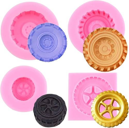 RFGHAC 3D Runde Reifen Fondant Form LKW Rad Silikonform für Kuchen Dekoration Cupcake Topper Schokolade Süßigkeiten Polymer Clay Gummipaste Set von 4