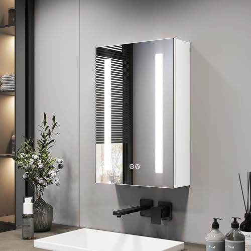 EMKE Spiegelschrank Bad mit Beleuchtung 40x60cm, 3 Lichtfarben | Badezimmer mit Dimmbare, Antibeschlag, Steckdose, Glasablage, Weißer Doppelspiegel, Speicherfunktion