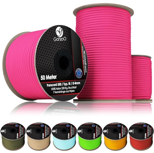 Ganzoo Paracord 550 4 mm nylonlina neon pitaya, 100 m på rulle, typ 3 med 7 innertrådar och slitstark 32-flätad ytterstruktur, för knutar, flätning, hundtillbehör, camping och vardagsbruk