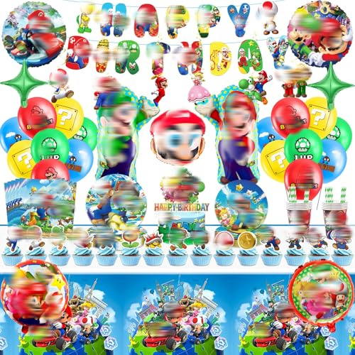 Partygeschirr Geburtstagsdeko,105 Stück Mario Birthday Decorations Party Deko,Geburtstag Deko Geschirr Kit Pappteller,Banner, Servietten,Pappbecher,Tischdecken,Luftballons,Toppers,Strohhalmen