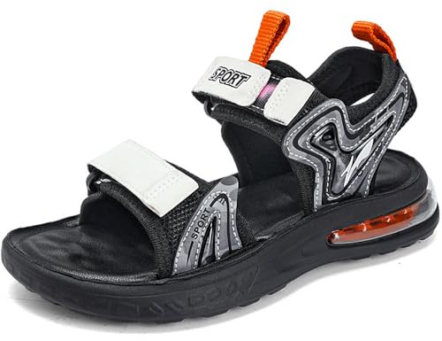 HSNA Sandali per Bambini con Cuscino d'aria Suola Morbida Scarpe Estive Peeptoe, Grigio e Bianco 32 EU