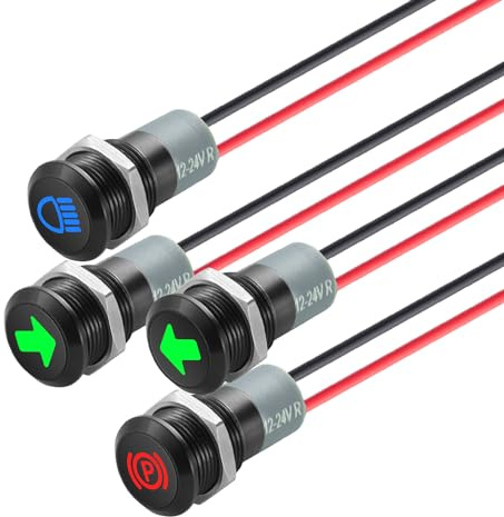 TIANWIDJEW 12V LED Indicator Small Light Waterproof, 1/2(12mm) Panel Cutout 12V 24V Metal LED Indicator with 22AWG 150MM Wire - High Beam, Single Arrow Left/Right, Parking Indicat-or, 4PCS