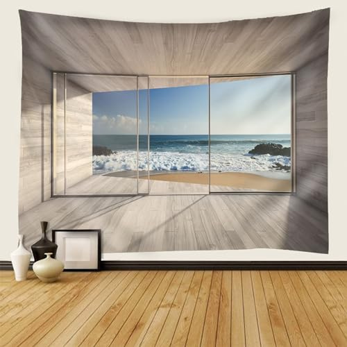 Mesnt Wandteppich Aesthetic, Tür und Strandlandschaft Tapisserie Dekoration für Schlafzimmer Wohnzimmer, 210x140cm