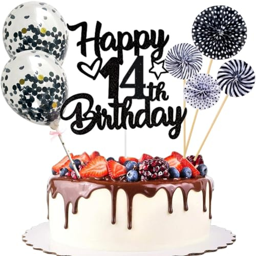 Anlgdi Tortendeko 14. Geburtstag Mädchen Junge, Kuchen Topper Happy 14th Birthday Schwarz, Glitzer Cake Topper 14. Geburtstag Ballon Konfetti Papierfächer für Geburtstagstorte Deko 14 Jahre Kinder