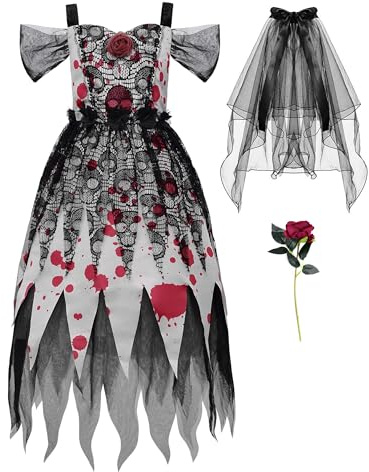ReliBeauty Déguisement Mariée Zombie Halloween Fille 3-12 ans Fantôme Mariée avec Rose Voile, Noir