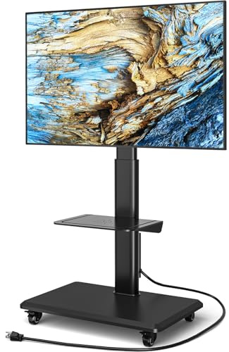 YOMT Rolling TV Stand with Power Outlet, Swivel Portable TV Stand for 32-70 inch TVs up to 88 lbs, Height Adjustable Mobile TV Cart with Wood Base for Optimal Viewing, Black