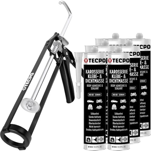 TECPO Klebe- und Dichtmasse, 6X 370g schwarz Karosseriekleber mit Skelett Kartuschenpresse