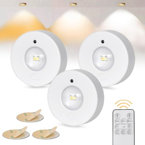Lot de 3 palets lumineux rechargeables sans fil pour placard de cuisine avec télécommande, lumière ronde magnétique à coller avec minuteur, 3 températures de couleur RVB pour escaliers, placards