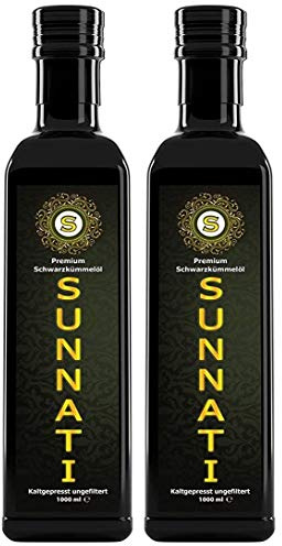 Sunnati Huile de nigelle non filtrée 2 x 1000 ml, fraîchement pressée à froid, haute teneur en thymoquinone