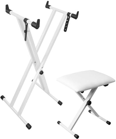 【Verbesserte Version】Longeye Keyboard Ständer und Hocker-Verstellbarer Doppel X Keyboardständer,Klavier-Sitzbänke,klappbar,kompatibel mit 61/76/88 Tasten,Weiß