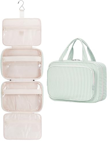 Narwey Streifen Kulturbeutel Damen Kulturtasche zum Aufhängen Waschtasche Kosmetiktasche Groß Waschbeutel Kosmetik-Organizer für Damen Mädchen(Mintgrüner Streifen (Groß))