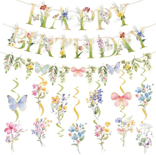 Easy Joy Flower Happy Birthday Banner Spring Summer Floral Garland Banner Garden Green Paper Flower Garland Hanging Swirls for Birthday Baby Shower Afternonn Tea Party Supplies