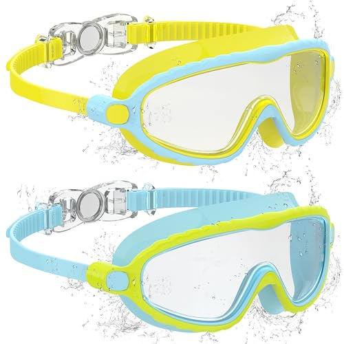 Ambienden 2 Pcs Occhiali Nuoto Bambini, Anti-Fog con Visione Chiara, Protezione UV, Guarnizione in Silicone, Telaio Grande Occhiali da Nuoto Unisex per Bambini da 6 a 14 anni, Yellow-Blue