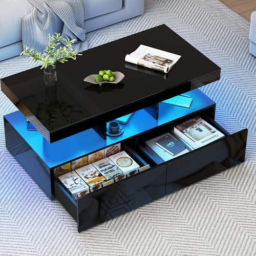 LIVLUX Table Basse Moderne 104x53x46 cm, Table Basse Blanc laqué avec LED, dotée d'un Espace de Rangement Ouvert et 2 tiroirs, idéale pour Le Salon, Le Bureau, la Chambre. (Noir, 104 X 53 X 46 cm)