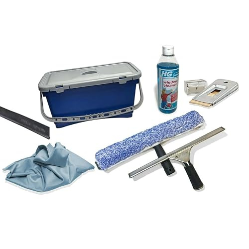 Bayersan Window Cleaning Starter Set|Window Cleaner Kit with 15L Bucket,Squeegee,T-Bar, Microfibre Sleeve,Scrim,Scraper,Blades & Window Cleaning Liquid (Multicolour - 9 Items)