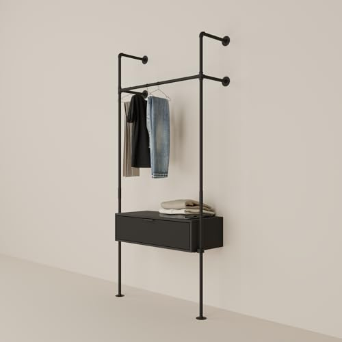 pamo Konsolentisch mit Schublade Schwarz - 92 x 40 x 24 cm - schmale Kommode Anbringung an Kleiderstange Sideboard für Wohnzimmer Schlafzimmer Flur - Hochwertige deutsche Produktion